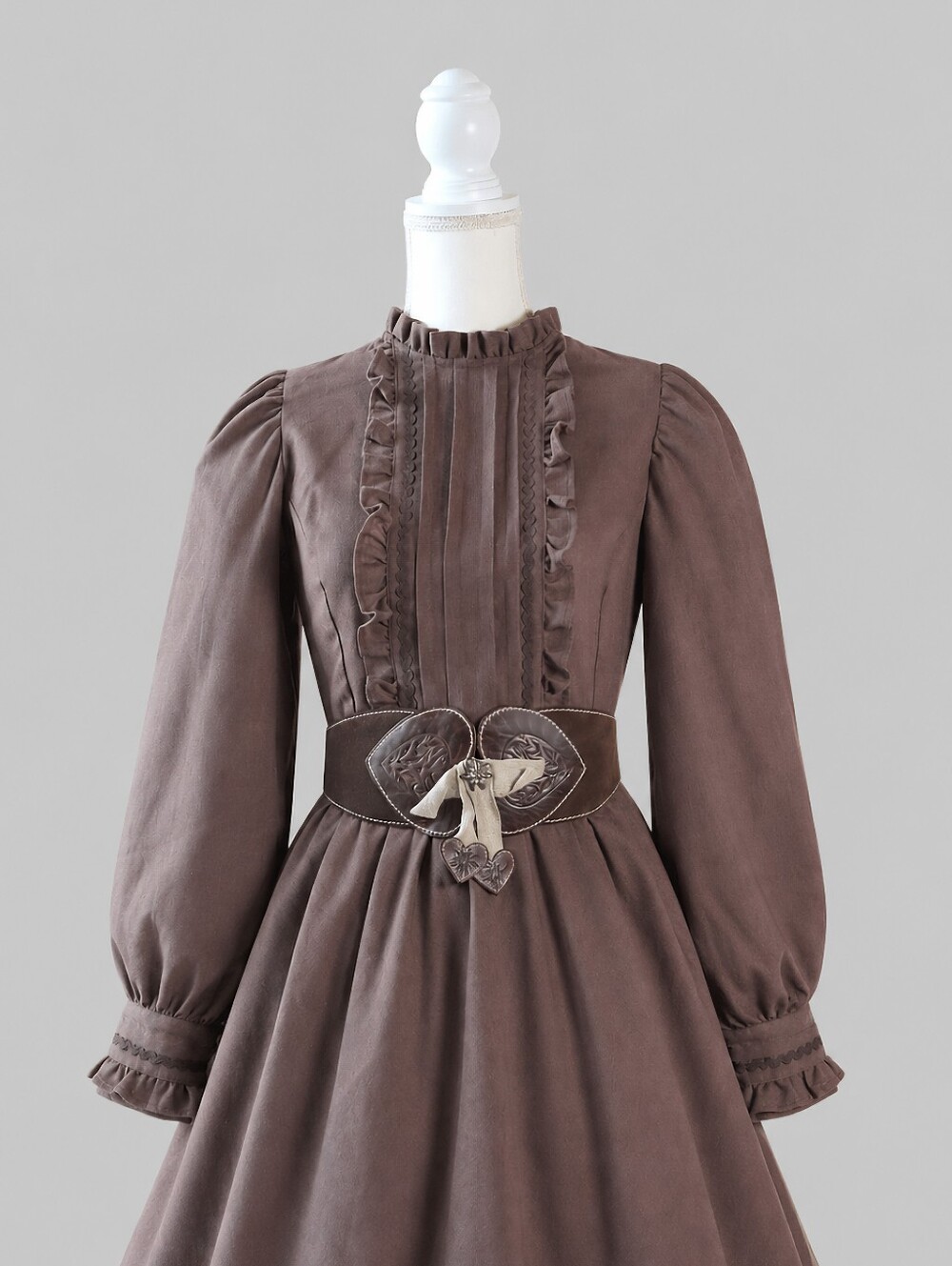 Brown Long Sleeve Cottagecore Dress with Belt, Bohemian, Whimsy Dress, Cotton